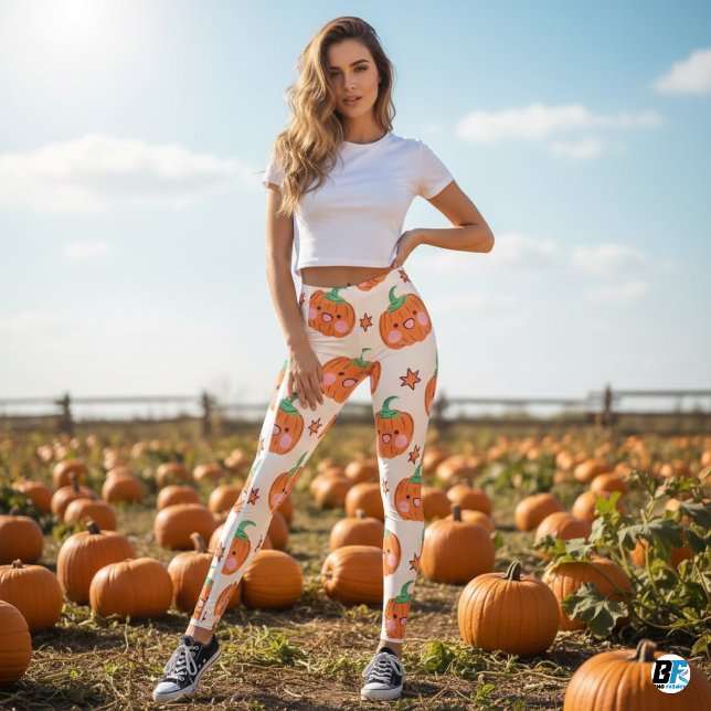 Orange Green Niedlich Lächeln Pumpkin Muster Leggings (Von Creator hochgeladen)
