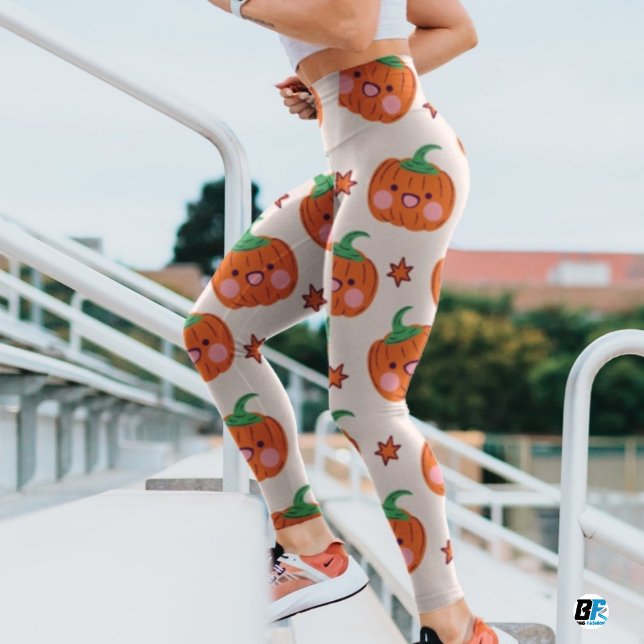 Orange Green Niedlich Lächeln Pumpkin Muster Leggings (#halloweentime)