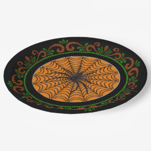 Orange Green Spider Web und Black Spider Halloween Pappteller