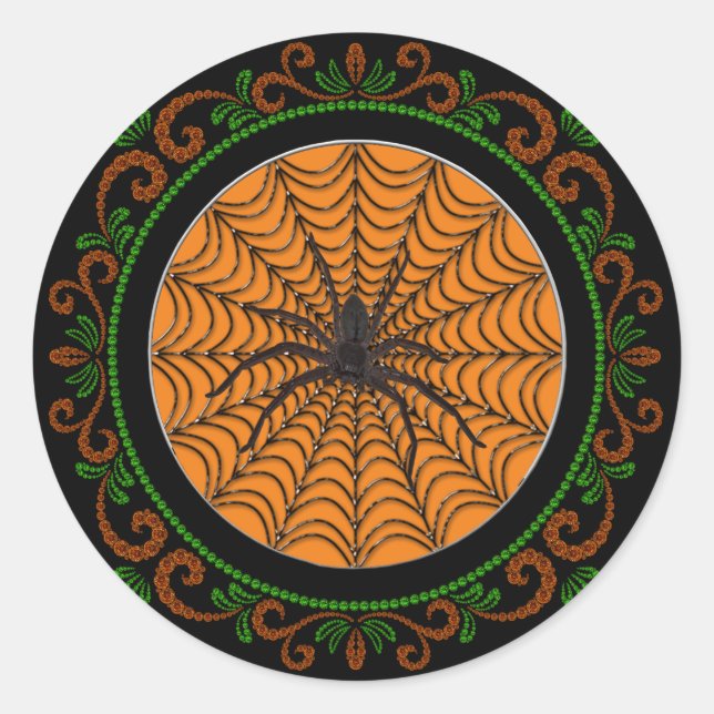 Orange Green Spider Web und Black Spider Halloween Runder Aufkleber (Vorderseite)