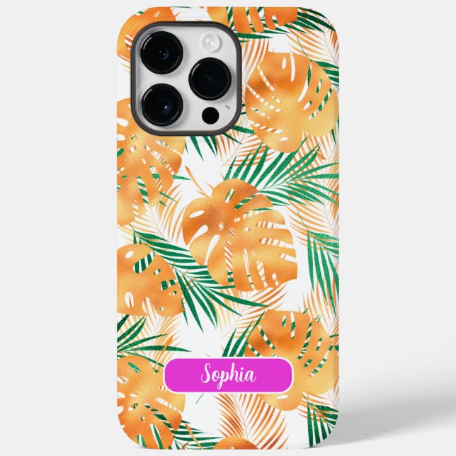 Orange & Green Tropical Blätter, Skriptname Case-Mate iPhone Hülle (Rückseite)