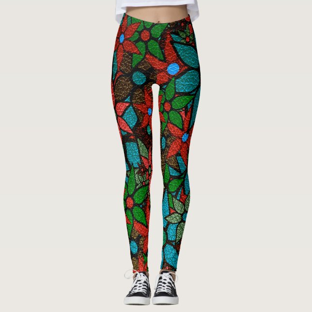 Orange Green Turquoise Floral Leggings (Vorderseite)