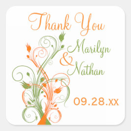 Orange Green White Floral 1,5" Hochzeitsaufkleber Quadratischer Aufkleber