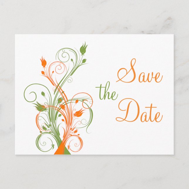 Orange Green White Floral Save the Date Post Card Ankündigungspostkarte (Vorderseite)