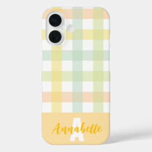 Orange Green Yellow Blue Pastell Gingham Monogram iPhone 16 Hülle