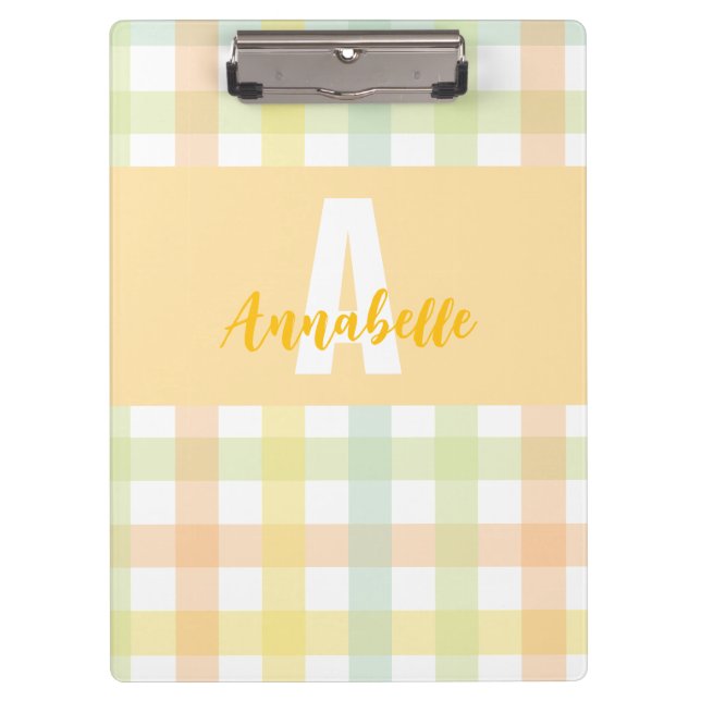 Orange Green Yellow Blue Pastell Monogram Gingham Klemmbrett (Vorderseite)
