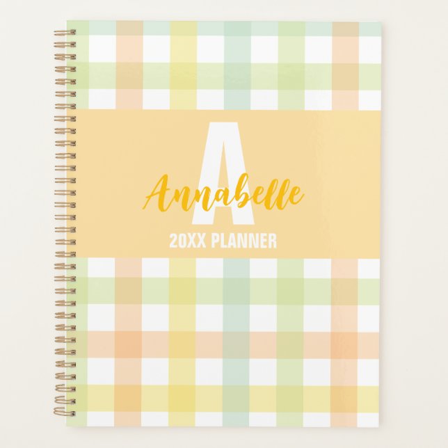 Orange Green Yellow Blue Pastell Monogram Gingham Planer (Vorderseite)