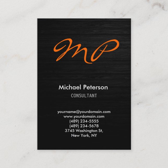 Orange Grey Wood Pattern Monogram Business Card Visitenkarte (Vorderseite)
