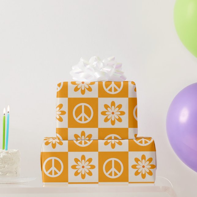 Orange Groovy Blume und Friedenszeichen Geschenkpapier (Partygeschenke)