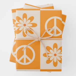 Orange Groovy Blume und Friedenszeichen Geschenkpapier Set