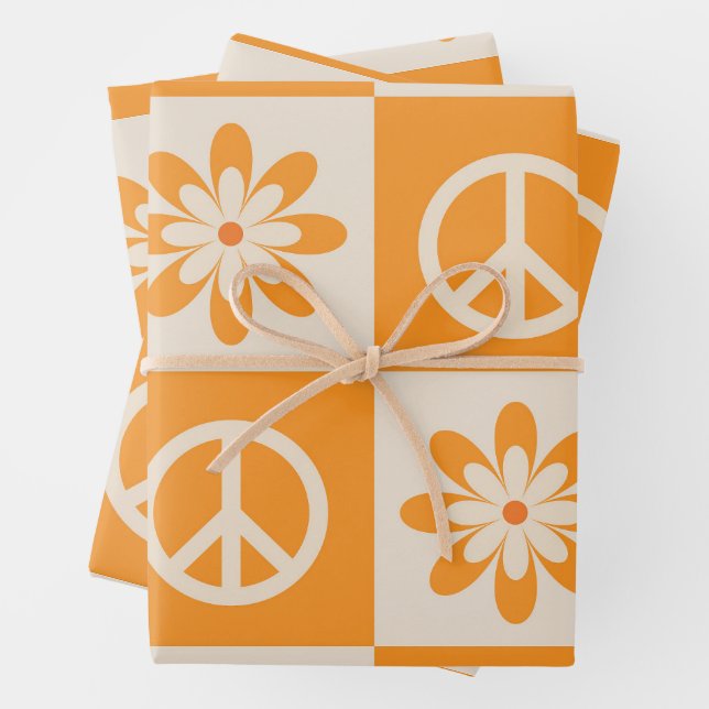 Orange Groovy Blume und Friedenszeichen Geschenkpapier Set (Beispiel)