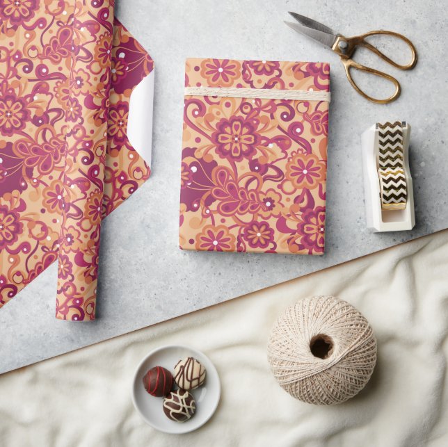 Orange Groovy Psychedelic 60er 70er Floral Birthda Geschenkpapier (Kunsthandwerk)