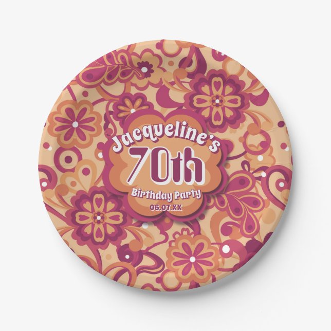 Orange Groovy Psychedelic 60er 70er Floral Birthda Pappteller (Vorderseite)