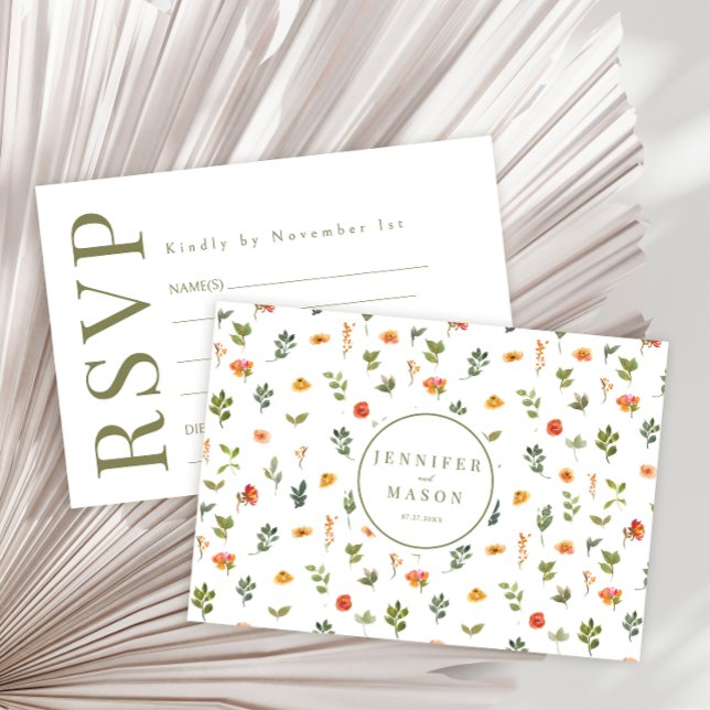 Orange grüne Aquarellfarben Blütenhochzeit RSVP Ka Karte (Von Creator hochgeladen)