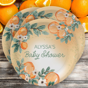 Orange Grüne Blätter Zitrus Baby Shower Pappteller