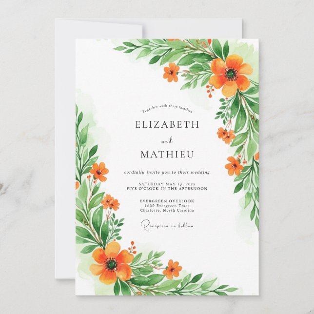 Orange grüne botanische Hochzeit Einladung (Vorderseite)