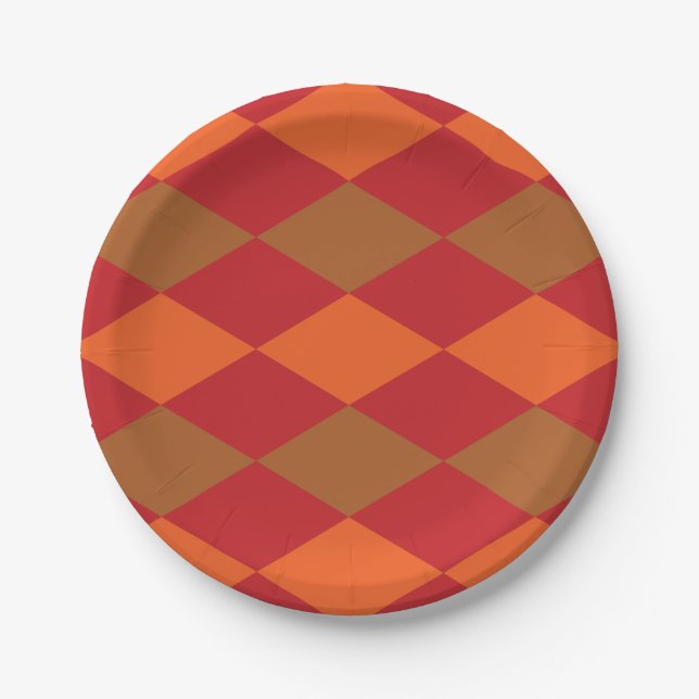 Orange Grüne karierte Diamantmuster-Party Pappteller (Vorderseite)