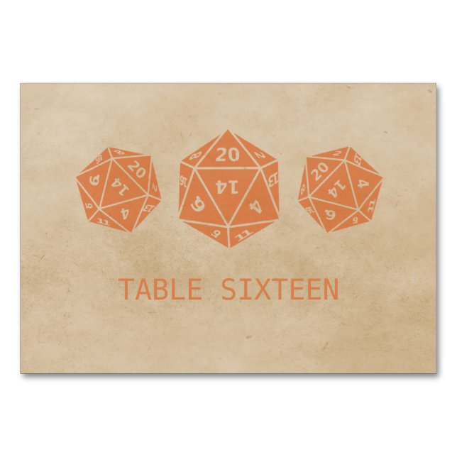 Orange Grunge D20 Dice Gamer Table Card Tischnummer (Vorderseite)