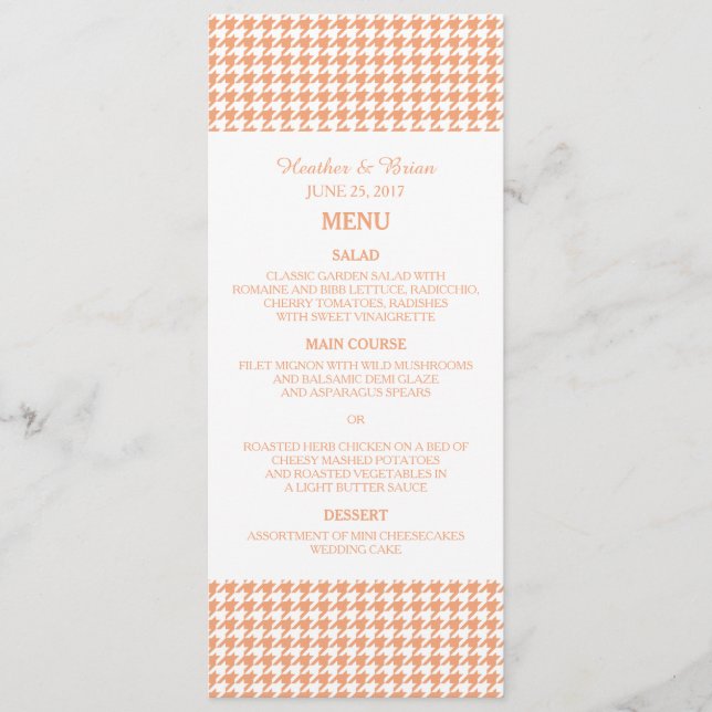 Orange Hahnentrittmuster Wedding Menu Menükarte (Vorderseite)