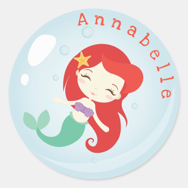 Orange Haired Mermaid Bubble personalize Runder Aufkleber (Vorderseite)