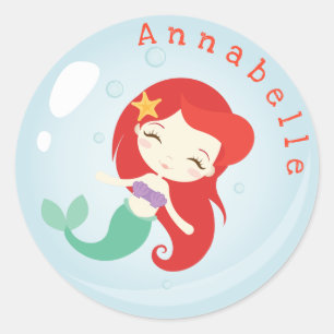 Orange Haired Mermaid Bubble personalize Runder Aufkleber