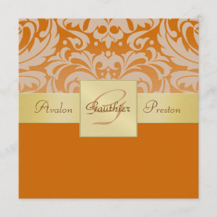 Orange halbe Damast-Monogramm-Goldband-Einladung Einladung