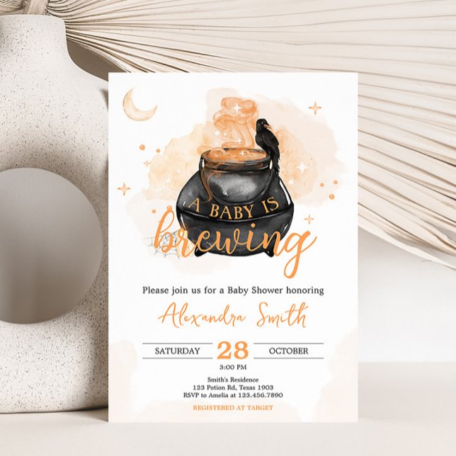 Orange Halloween A Baby Brewing Baby Dusche Einladung (Orange A Baby is Brewing Halloween Baby Shower Invitation)