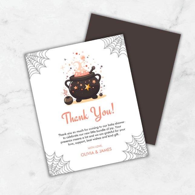 Orange Halloween Baby Dusche Danke Karte (Budget Orange Cauldron A Baby is Brewing Halloween Baby Shower Thank You Card )