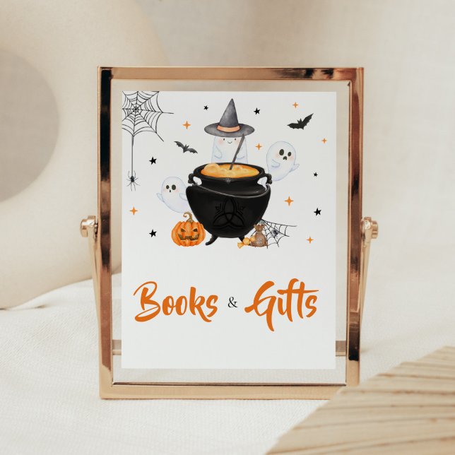 Orange Halloween Baby ist das Brauen von Büchern u Poster (Baby is Brewing Baby Shower Books and Gift Sign)