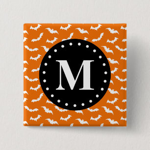 Orange Halloween Bat Pattern Black Monogram Button