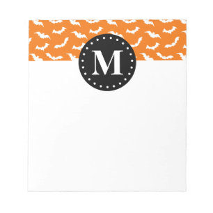 Orange Halloween Bat Pattern Black Monogram Notizblock
