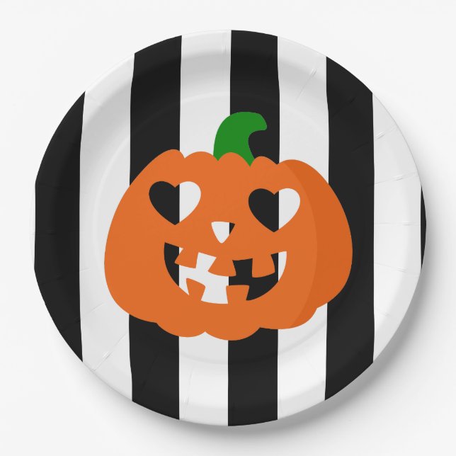 orange Halloween-Herzpump mit Streifen Pappteller (Vorderseite)