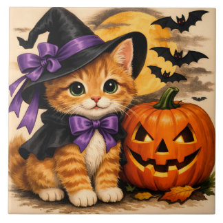 Orange Halloween-Kätzchen mit Kürbis  Fliese
