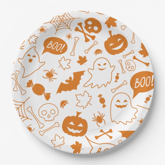 Orange Halloween Pattern Happy Halloween Art Pappteller (Vorderseite)