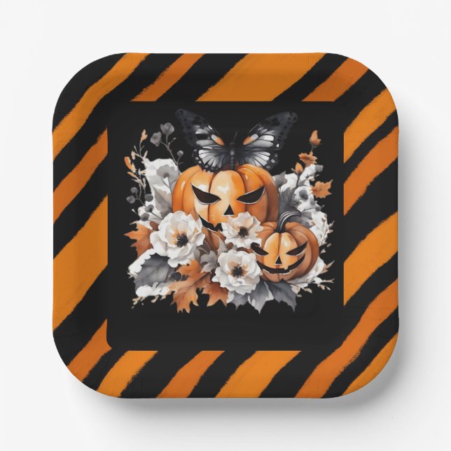 Orange Halloween Pumpkin Floral Pappteller (Vorderseite)