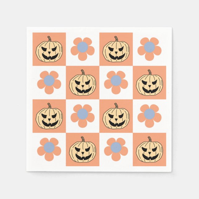 Orange Halloween Pumpkin und Daisy Checkerboard Serviette (Vorderseite)