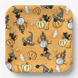 ORANGE HALLOWEEN PUMPKINS NIEDLICHE SCHWARZE KATZE PAPPTELLER