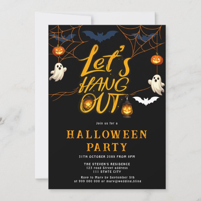 Orange Halloween-Spinnen-Treffen-Script-Party  Einladung (Vorderseite)