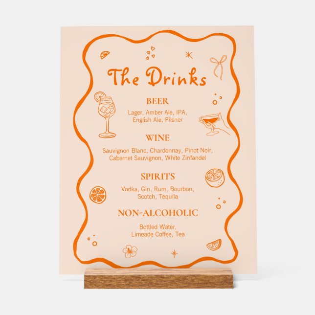 Orange Hand Drawn Tropical Wedding Bar Drink Menü Acrylschild (Vorderseite)