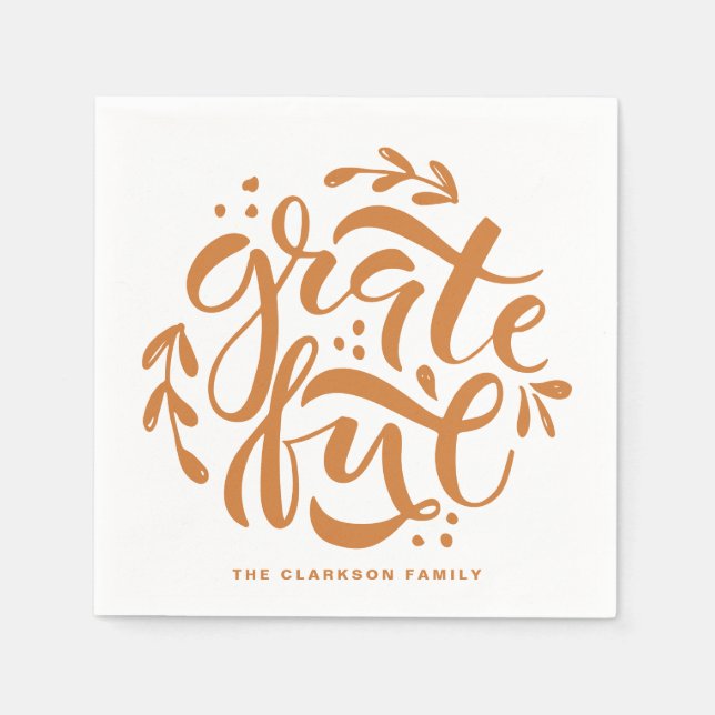 Orange Hand Letted Grateful Erntedank Serviette (Vorderseite)