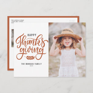Orange Hand Lettering Happy Thanksgiving Photo Feiertagspostkarte