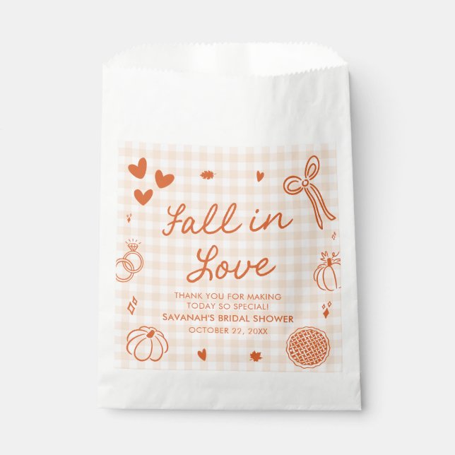 Orange Handgezeichnete Fall in Love Brautparty Geschenktütchen (Vorderseite)