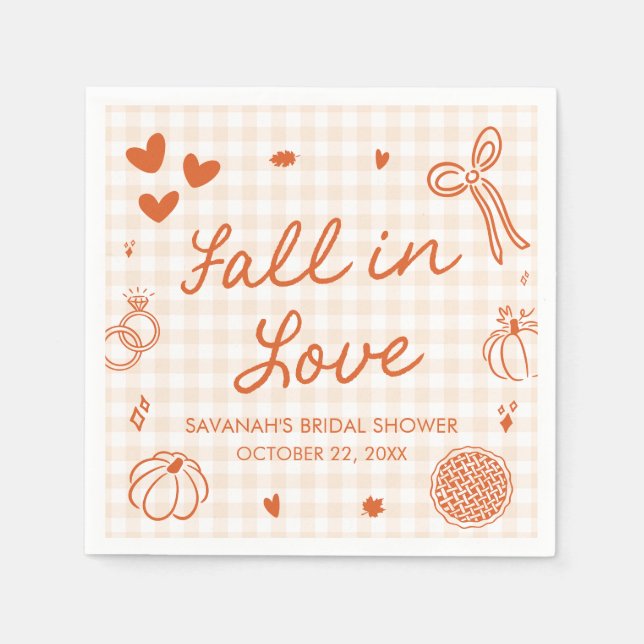 Orange Handgezeichnete Fall in Love Brautparty Serviette (Vorderseite)
