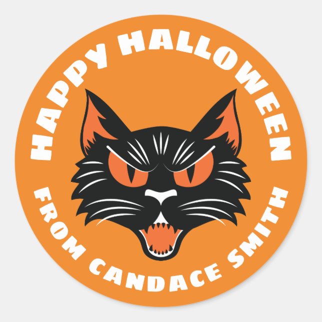 Orange Happy Halloween Black Cat Personalisiert Runder Aufkleber (Vorderseite)