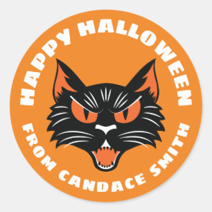 Orange Happy Halloween Black Cat Personalisiert Runder Aufkleber