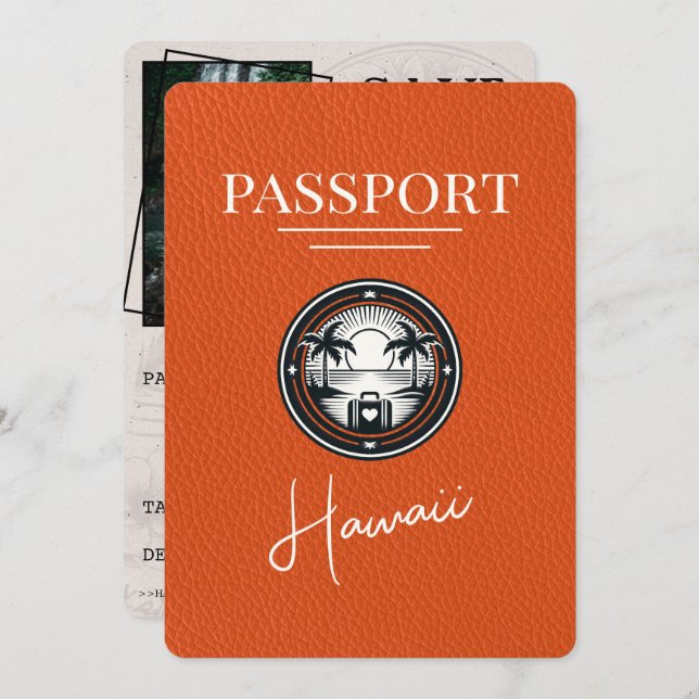 Orange Hawaii Passport Save the Date (Vorne/Hinten)