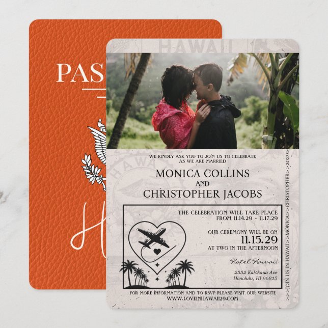 Orange Hawaii Passport Wedding Einladung (Vorne/Hinten)