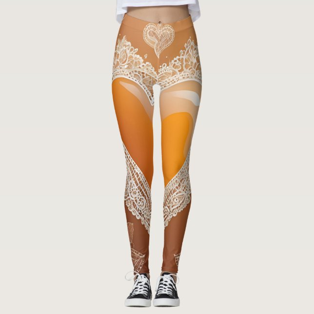 Orange Heart Lace AI art Leggings (Vorderseite)