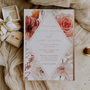 Orange Herbst-Blumen- & Roségold-Hochzeit Folieneinladung
