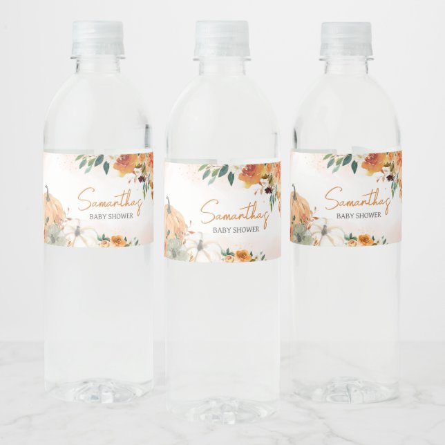 Orange Herbst Floral Pumpkin Baby Dusche Wasserflaschenetikett (Flaschen)